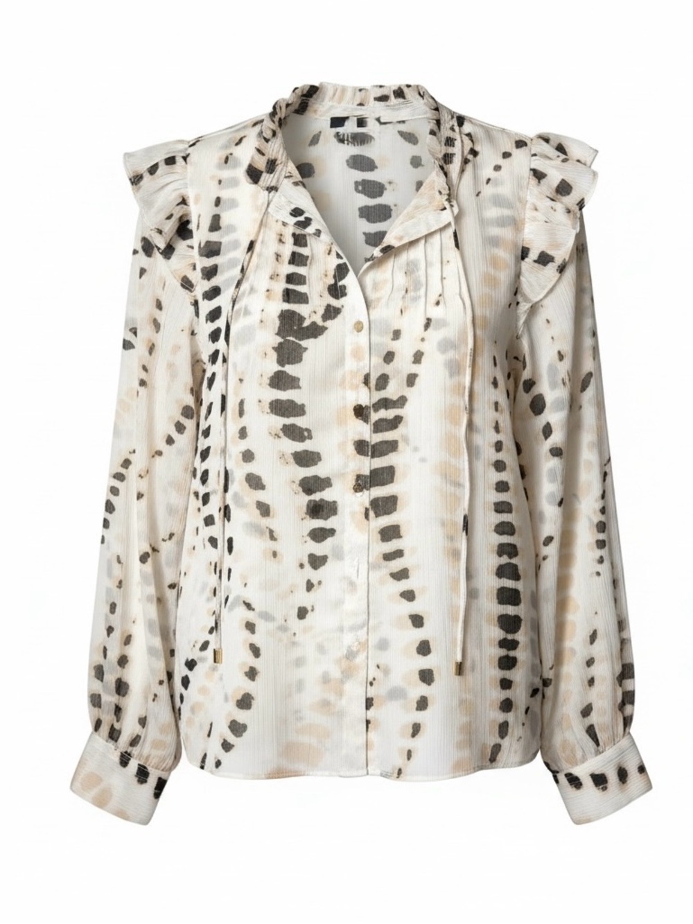 BCBG  NWT Ruffle Tie Dye Style Blouse Chiffon L/S Top Cream Black Size L